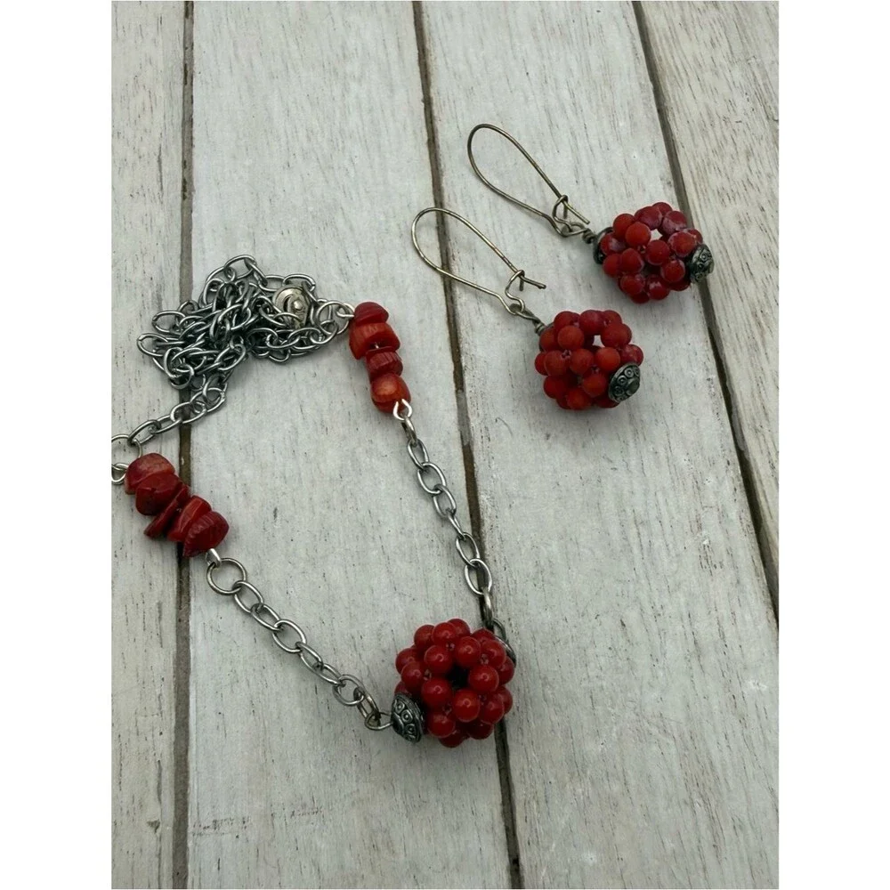 Red coral Bead Cluster Necklace and Earrings Set
